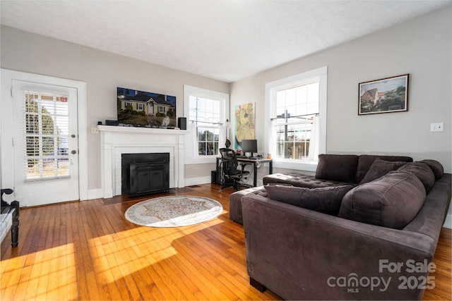 98 S Main St, Granite Falls, NC 28630 - living area featuring a brick fireplace, hardwood / wood-style floors, plenty of natural light, and baseboards