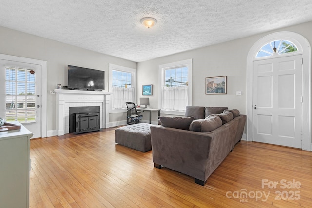 98 S Main St, Granite Falls, NC 28630 - living room with light wood-style flooring, a fireplace, and a textured ceiling