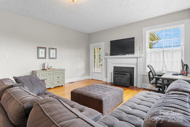 98 S Main St, Granite Falls, NC 28630 - living area with a fireplace with flush hearth, wood finished floors, and a textured ceiling