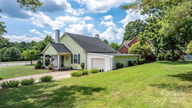 98 S Main St, Granite Falls, NC 28630 - view of front facade featuring an attached garage, driveway, a chimney, and roof with shingles