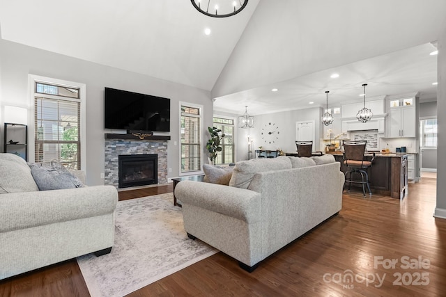 73 41st Ave NW, Hickory, NC 28601 - living area featuring a chandelier, a fireplace, dark wood finished floors, recessed lighting, and high vaulted ceiling