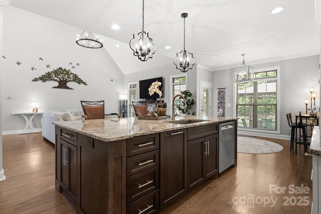 73 41st Ave NW, Hickory, NC 28601 - kitchen featuring a sink, a chandelier, stainless steel dishwasher, open floor plan, and dark wood finished floors