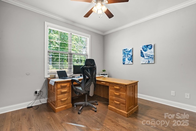 73 41st Ave NW, Hickory, NC 28601 - office space featuring baseboards, dark wood-type flooring, a ceiling fan, and ornamental molding