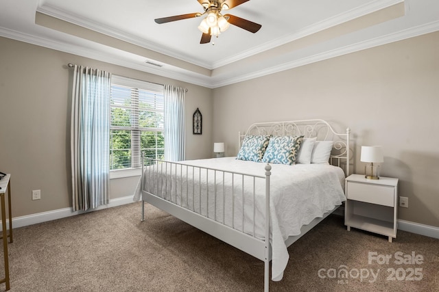 73 41st Ave NW, Hickory, NC 28601 - bedroom with ornamental molding, a raised ceiling, carpet, baseboards, and ceiling fan