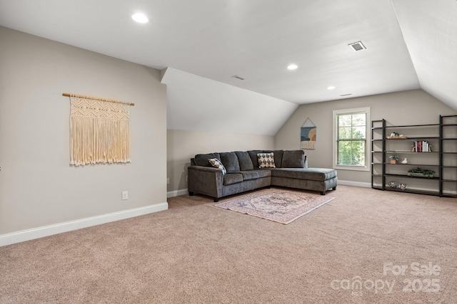 73 41st Ave NW, Hickory, NC 28601 - living area featuring carpet, lofted ceiling, baseboards, and recessed lighting