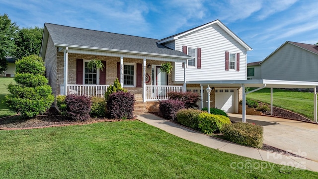 10 Hunters Ridge Ct, Granite Falls, NC 28630 - tri-level home with covered porch, driveway, a front lawn, and brick siding