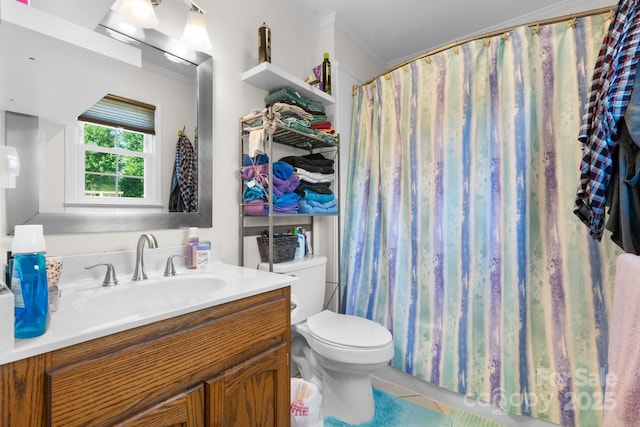10 Hunters Ridge Ct, Granite Falls, NC 28630 - full bathroom with vanity, toilet, crown molding, tile patterned flooring, and curtained shower