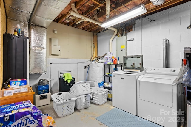 10 Hunters Ridge Ct, Granite Falls, NC 28630 - laundry area featuring washing machine and clothes dryer, electric panel, and concrete block wall