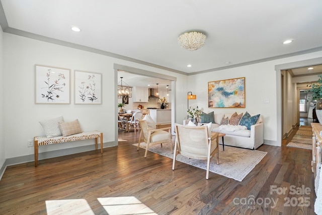 343 Melbourne Ct, Charlotte, NC 28209 - living room featuring wood finished floors, a chandelier, recessed lighting, and baseboards
