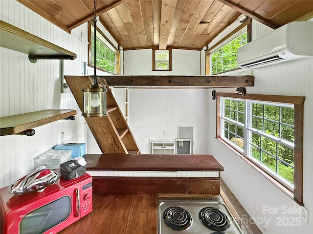574 Allen Dr, Marshall, NC 28753 - detailed view of a wall mounted AC, wood ceiling, and wood finished floors