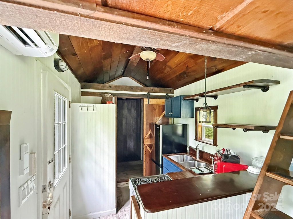 574 Allen Dr, Marshall, NC 28753 - home office with a sink, a ceiling fan, a wall mounted AC, wood ceiling, and wood finished floors