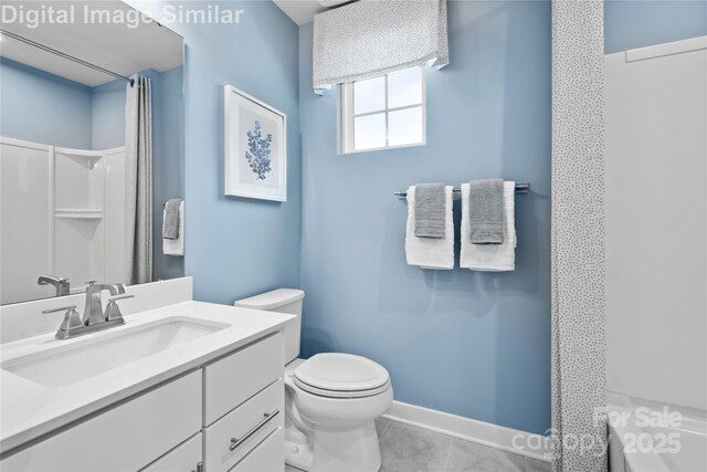 7335 Childress Dr, Concord, NC 28025 - bathroom featuring vanity, toilet, a shower with curtain, and tile patterned floors