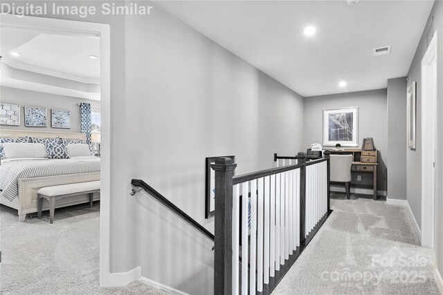 7335 Childress Dr, Concord, NC 28025 - hall featuring carpet flooring, an upstairs landing, baseboards, recessed lighting, and plenty of natural light