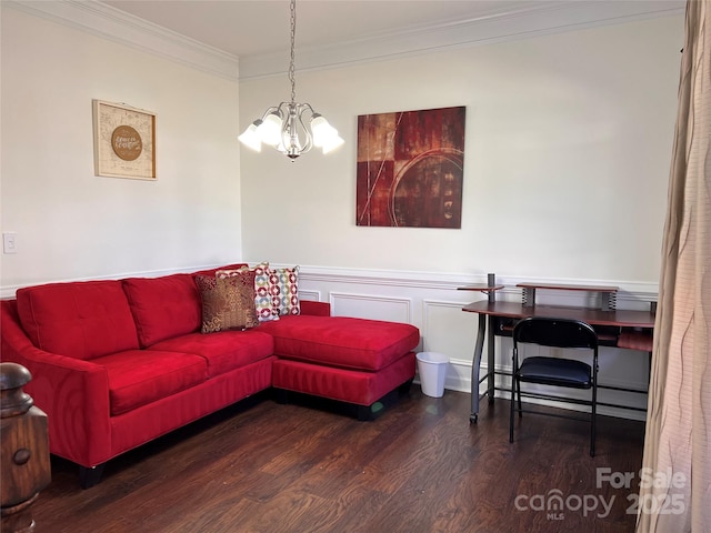 435 Riverwalk Dr NW, Concord, NC 28027 - living room featuring crown molding, wood finished floors, a chandelier, and wainscoting