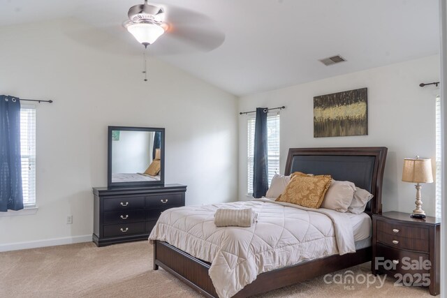 435 Riverwalk Dr NW, Concord, NC 28027 - bedroom featuring vaulted ceiling, light colored carpet, multiple windows, baseboards, and ceiling fan
