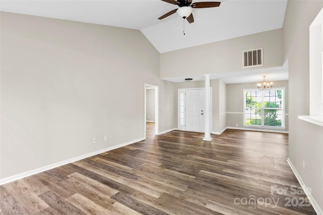 370 Running Briar Rd, Fletcher, NC 28732 - unfurnished living room featuring high vaulted ceiling, a ceiling fan, ornate columns, baseboards, and wood finished floors