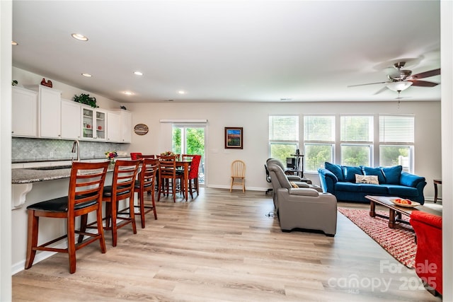 6038 Durango Way, Denver, NC 28037 - living room with recessed lighting, light wood finished floors, a ceiling fan, and baseboards