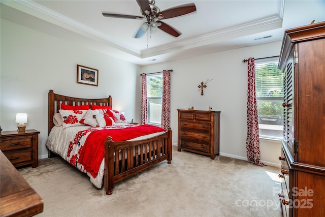 6038 Durango Way, Denver, NC 28037 - carpeted bedroom featuring a tray ceiling, ornamental molding, multiple windows, baseboards, and ceiling fan