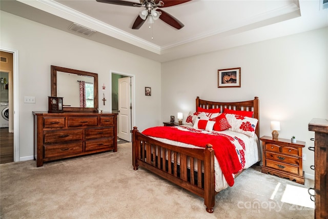 6038 Durango Way, Denver, NC 28037 - carpeted bedroom featuring a raised ceiling, crown molding, washer / clothes dryer, and a ceiling fan
