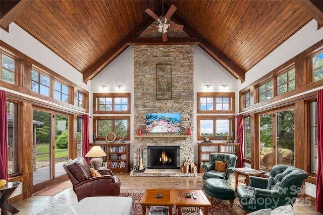 4862 Pinnacle Mountain Rd, Zirconia, NC 28790 - living room with high vaulted ceiling, ceiling fan, a fireplace, wood finished floors, and a wooden ceiling with exposed beams