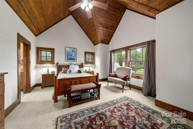 4862 Pinnacle Mountain Rd, Zirconia, NC 28790 - bedroom featuring wood ceiling, light colored carpet, high vaulted ceiling, and a ceiling fan