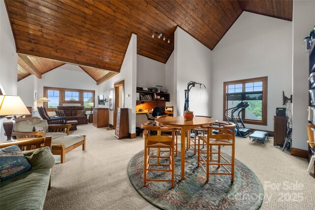 4862 Pinnacle Mountain Rd, Zirconia, NC 28790 - dining area with light colored carpet, wooden ceiling, high vaulted ceiling, and healthy amount of natural light