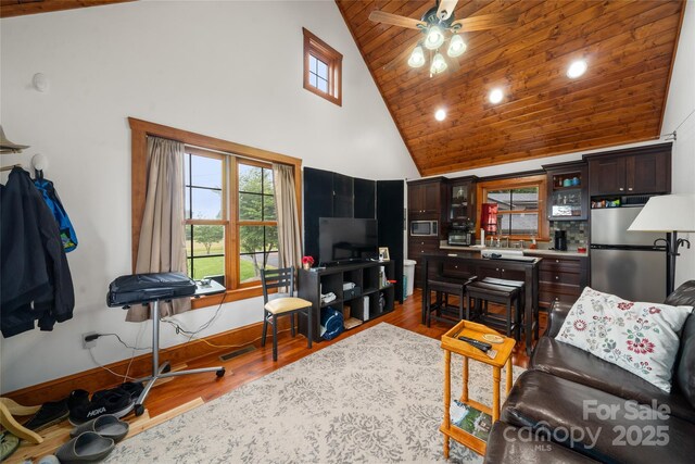 4862 Pinnacle Mountain Rd, Zirconia, NC 28790 - living room featuring high vaulted ceiling, wood finished floors, a ceiling fan, wooden ceiling, and recessed lighting