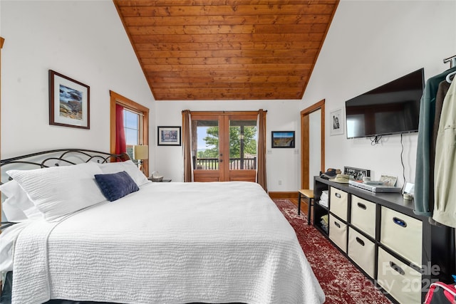 4862 Pinnacle Mountain Rd, Zirconia, NC 28790 - bedroom with wood ceiling, access to exterior, and high vaulted ceiling