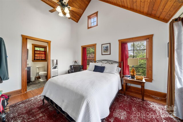 4862 Pinnacle Mountain Rd, Zirconia, NC 28790 - bedroom featuring wood finished floors, wooden ceiling, ensuite bath, and high vaulted ceiling