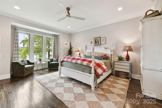 164 Twin Sisters Ln, Mooresville, NC 28117 - bedroom featuring baseboards, recessed lighting, crown molding, wood finished floors, and ceiling fan
