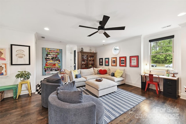 164 Twin Sisters Ln, Mooresville, NC 28117 - living area featuring a ceiling fan, ornamental molding, dark wood-style floors, recessed lighting, and baseboards