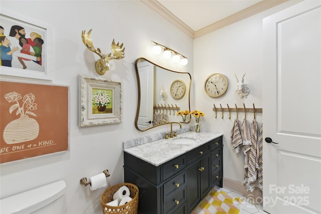 164 Twin Sisters Ln, Mooresville, NC 28117 - bathroom featuring vanity, ornamental molding, toilet, and tile patterned flooring