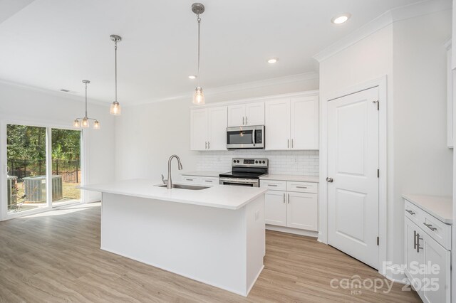 1807 Country Club Rd, Lincolnton, NC 28092 - kitchen featuring appliances with stainless steel finishes, a sink, decorative backsplash, light wood finished floors, and crown molding