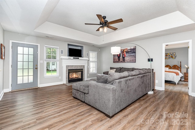 1626 Riverglenn Ct, Rock Hill, SC 29732 - living area with a raised ceiling, wood finished floors, a ceiling fan, and a fireplace