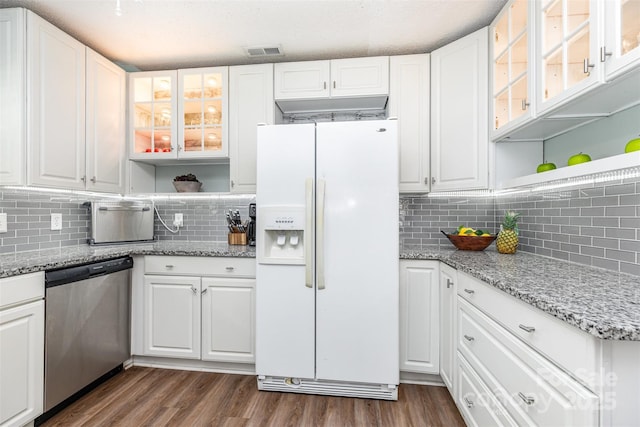1626 Riverglenn Ct, Rock Hill, SC 29732 - kitchen with white refrigerator with ice dispenser, dishwasher, open shelves, and white cabinetry