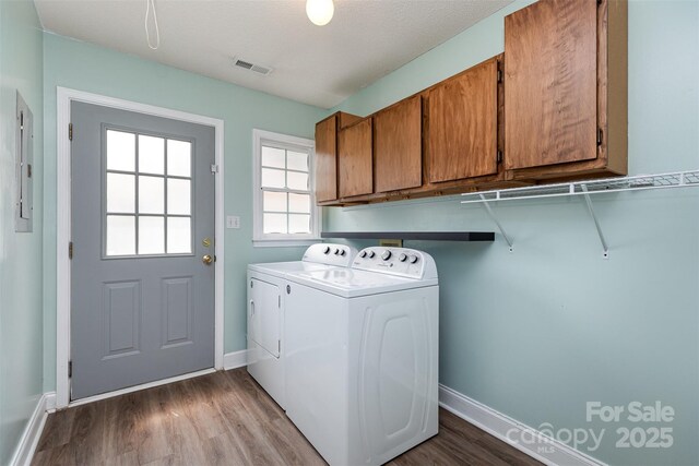 1626 Riverglenn Ct, Rock Hill, SC 29732 - laundry room featuring cabinet space, washing machine and dryer, wood finished floors, baseboards, and electric panel