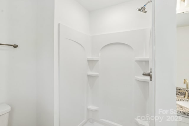401 W Charlotte Ave, Mount Holly, NC 28120 - bathroom with toilet, a shower, and vanity