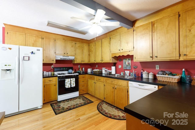 517 Powell St, Rock Hill, SC 29732 - kitchen featuring white appliances, under cabinet range hood, dark countertops, light wood-style floors, and a sink