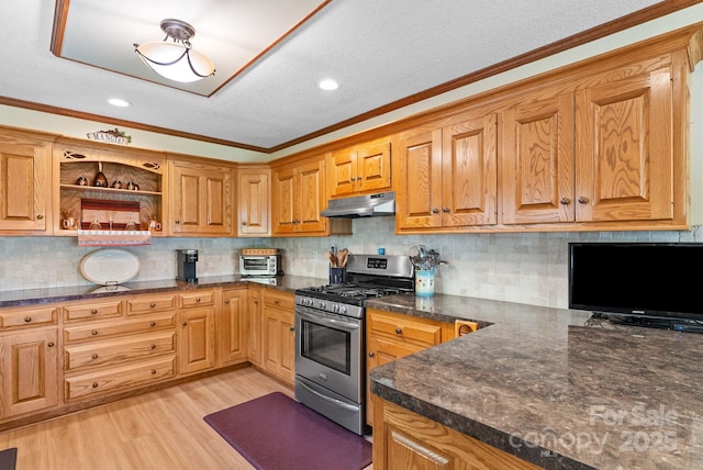 250 Huey Rd, Marshall, NC 28753 - kitchen featuring gas stove, under cabinet range hood, crown molding, dark countertops, and light wood-style floors