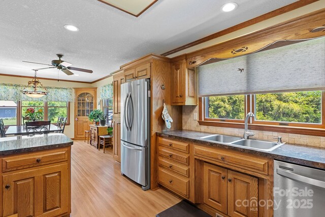 250 Huey Rd, Marshall, NC 28753 - kitchen with stainless steel appliances, a sink, dark countertops, light wood-style floors, and plenty of natural light