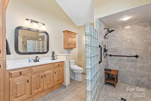 250 Huey Rd, Marshall, NC 28753 - bathroom with a tile shower, toilet, vanity, and lofted ceiling