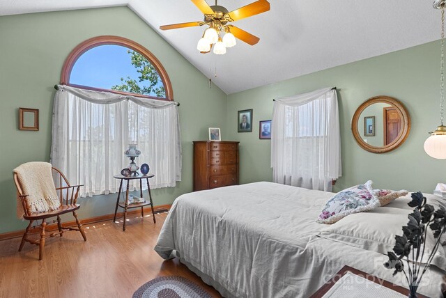250 Huey Rd, Marshall, NC 28753 - bedroom with lofted ceiling, wood finished floors, a ceiling fan, and baseboards