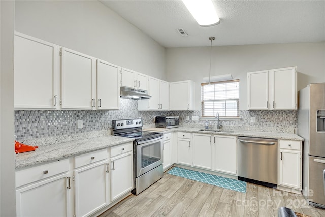 1791 Rosewell Dr Unit 65, Rock Hill, SC 29732 - kitchen featuring stainless steel appliances, a sink, under cabinet range hood, light wood-type flooring, and white cabinetry