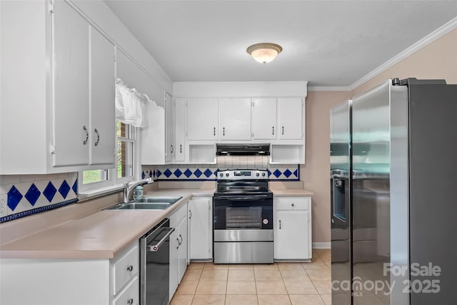1125 Windy Acres St, Morganton, NC 28655 - kitchen with stainless steel appliances, ventilation hood, a sink, light countertops, and white cabinetry