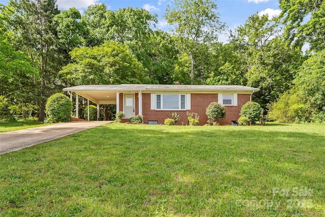 1125 Windy Acres St, Morganton, NC 28655 - view of front of house with driveway, brick siding, a front yard, and an attached carport