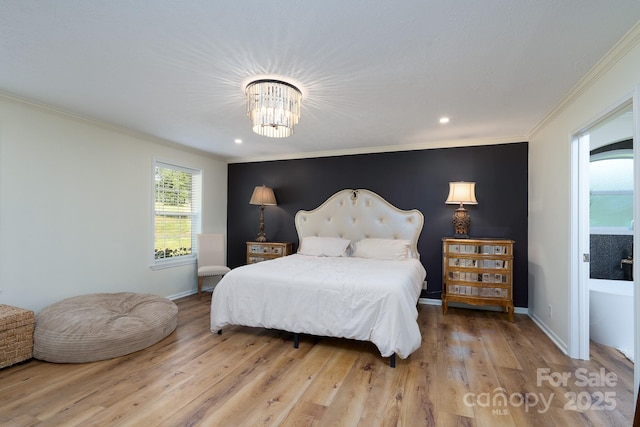 16132 Mclester Rd, Oakboro, NC 28129 - bedroom featuring a chandelier, ornamental molding, wood finished floors, baseboards, and recessed lighting