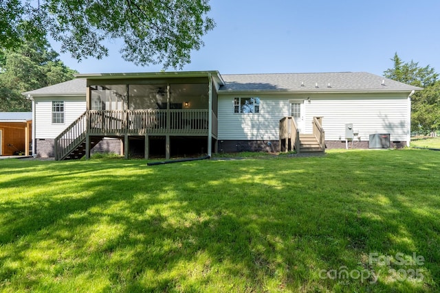 16132 Mclester Rd, Oakboro, NC 28129 - rear view of property featuring a sunroom, central air condition unit, a yard, and crawl space