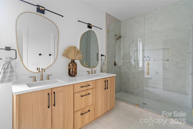 3822 Topsfield Rd, Charlotte, NC 28211 - bathroom featuring double vanity, a shower stall, and tile patterned floors