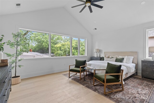 3822 Topsfield Rd, Charlotte, NC 28211 - bedroom featuring multiple windows, high vaulted ceiling, wood finished floors, and ceiling fan