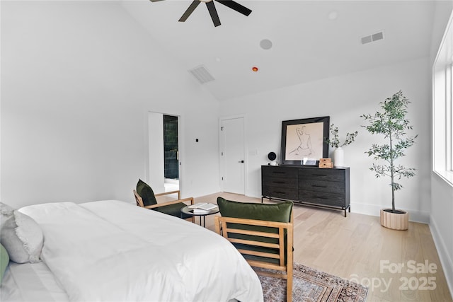 3822 Topsfield Rd, Charlotte, NC 28211 - bedroom featuring high vaulted ceiling, wood finished floors, and ceiling fan
